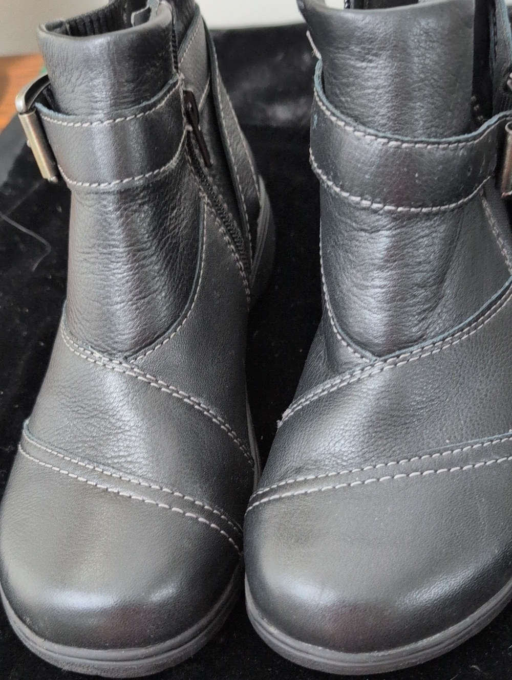 Clarks Black Leather Ankle Booties with Side Buckle